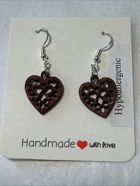 Handmade Heart Cutout Wooden Heart Hypoallergenic Earrings New